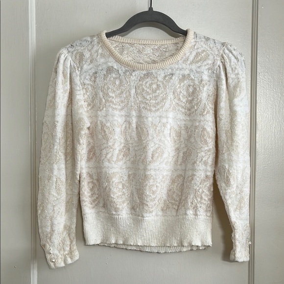 80s Vintage Cream & White Rose Pattern Puff Shoulder Pullover Sweater XS Sm - Picture 2 of 13